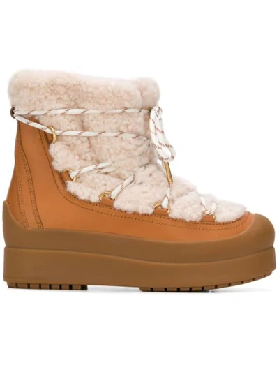Tory Burch Courtney Shearling And Leather Snow Boots In Natural