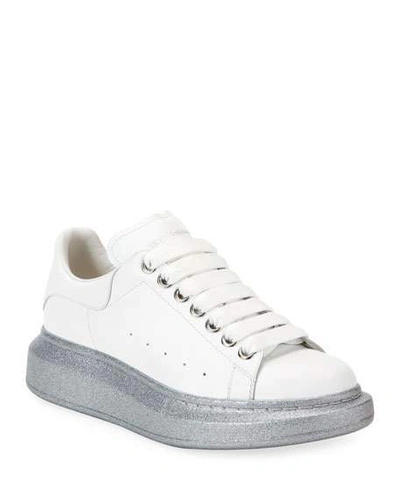 Alexander Mcqueen Leather Sneakers With Glitter Sole In White/silver