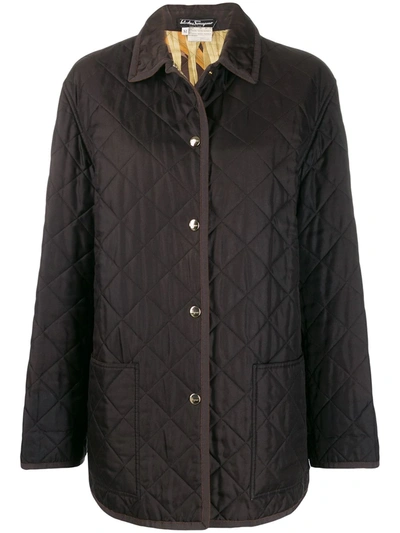 Pre-owned Ferragamo 1990s Diamond Quilted Snap Coat In Brown