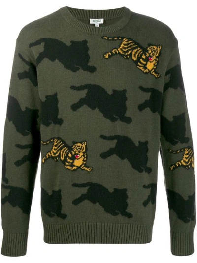 Kenzo Tigre Sweater In Green Cotton And Wool With Embroidered Front Tiger In Dark Khaki