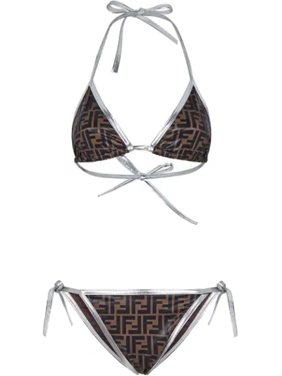 Fendi Ff Logo Pattern Bikini Set In F1acy Ebony/silver