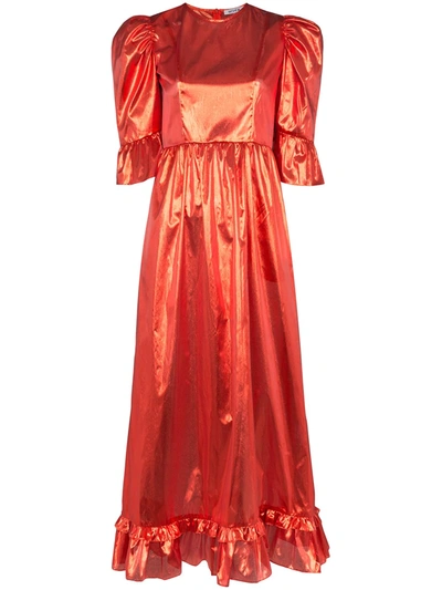 Batsheva Prairie Metallic Puff-sleeve Dress In Red