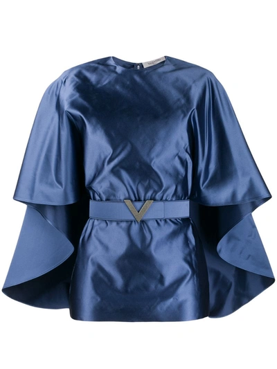 Valentino Fluid Silk Cape-sleeve Belted Blouse In Dark Air Force Blue