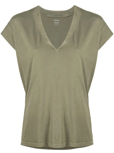 Frame Le High Rise V-neck Cotton T-shirt In Olive