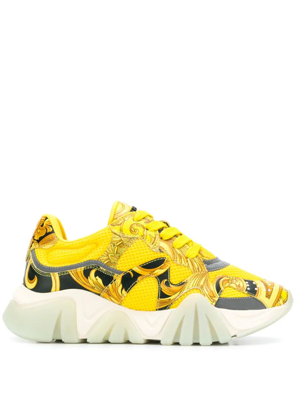 Versace Squalo Printed Leather And Mesh Sneakers In Yellow | ModeSens