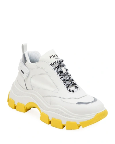 Prada Men's Pegasus Nylon & Leather Chunky Sneakers In White