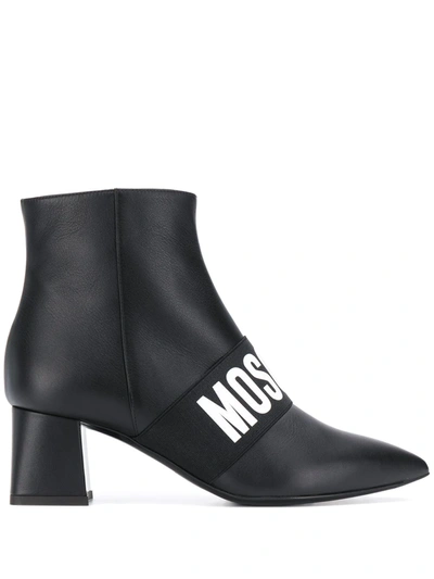 Moschino Elastic Band Leather Ankle Boots In Black