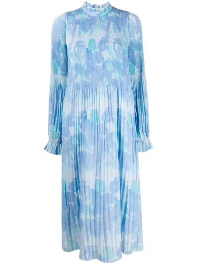 Ganni Ruffled Pleated Printed Georgette Midi Dress In Sky Blue