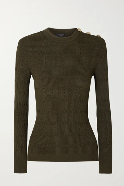 Balmain Button-embellished Pointelle-trimmed Jacquard-knit Sweater In Army Green