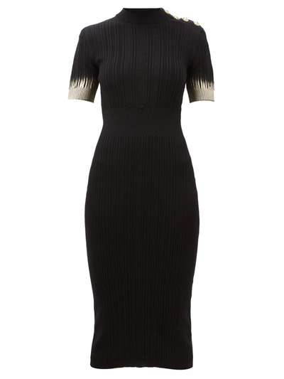 Balmain Button-embellished Metallic Ribbed Silk, Wool And Cashmere-blend Midi Dress In Noir