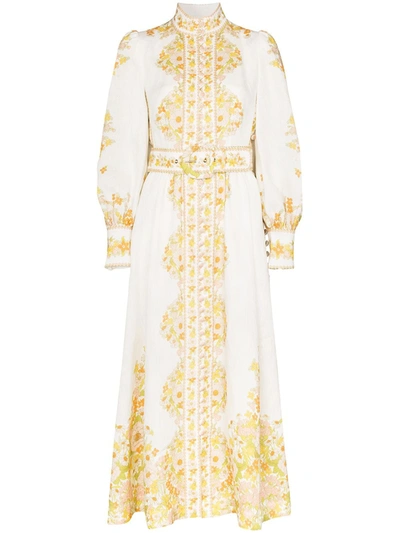 Zimmermann Super Eight Belted Floral-print Linen Maxi Dress In White