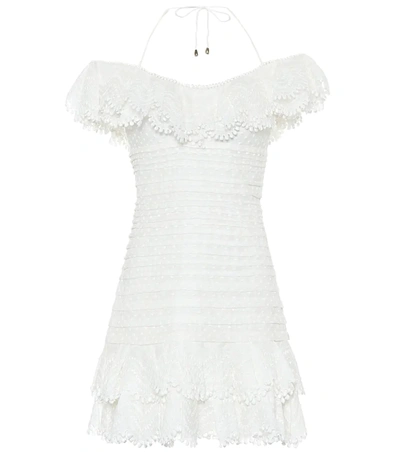 Zimmermann Super Eight Off-the-shoulder Ruffled Pleated Linen And Silk-blend Mini Dress In Ivory