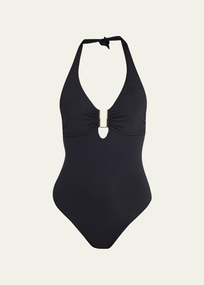 Melissa Odabash Tampa Scoop-neck Pique Halter One-piece Swimsuit In Black