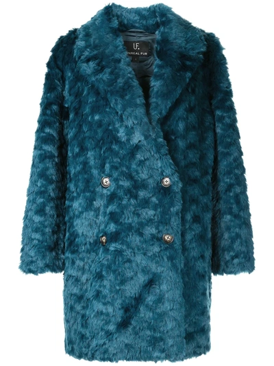 Unreal Fur Textured Double-breasted Coat In Blue