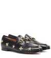 Gucci Jordaan Embroidered Leather Loafers In Black,gold Tone