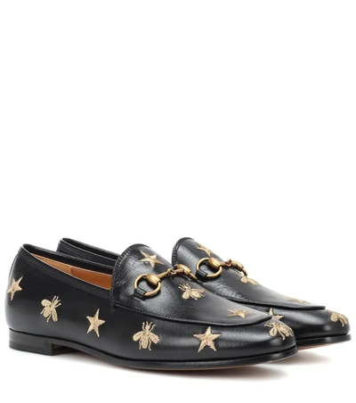 Gucci Jordaan Embroidered Leather Loafers In Black,gold Tone