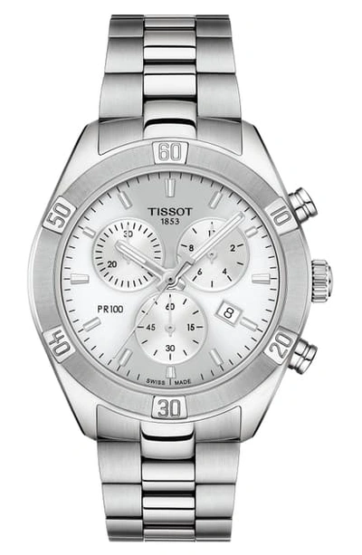 Tissot Women's Swiss Chronograph T-classic Pr 100 Diamond (1/20 Ct. T.w.) Gray Stainless Steel Bracelet Wat In Silver
