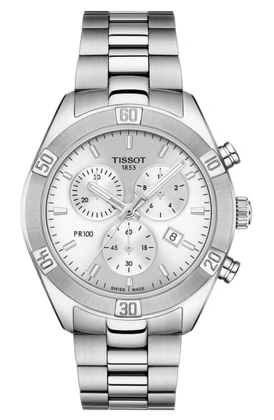 Tissot Women's Swiss Chronograph T-classic Pr 100 Diamond (1/20 Ct. T.w.) Gray Stainless Steel Bracelet Wat In Silver/ Mop/ Silver