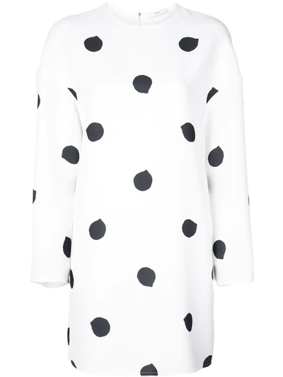 Tibi Fuzzy Polka Dot Long Sleeve Shift Dress In White Black