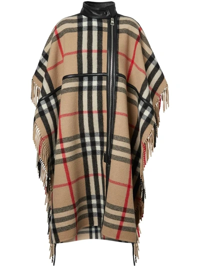 Burberry Leather-trimmed Fringed Checked Wool-blend Cape In Beige