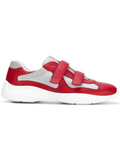 Prada Amercia's Cup Leather & Technical Fabric Sneakers In Rosso+argento|grigio