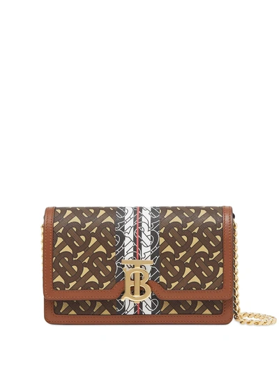 Burberry Small Monogram Stripe Wallet On Chain In Brown
