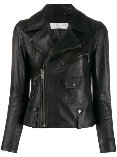 Victoria Beckham Cropped Leather Biker Jacket In Black