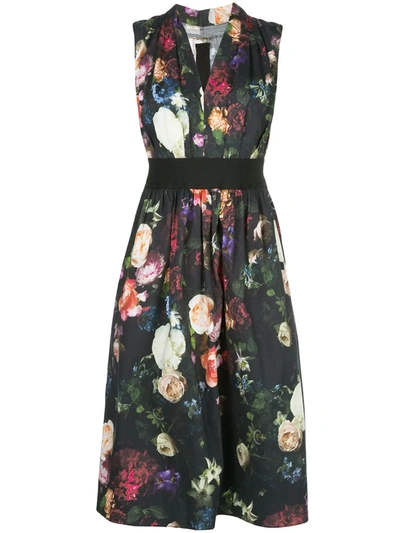 Adam Lippes Gathered Floral-print Stretch-cotton Poplin Dress In Black