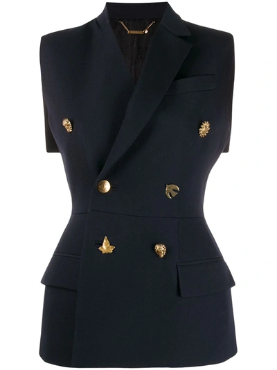 Givenchy Charm Button Sleeveless Double Breasted Wool Jacket In Blue