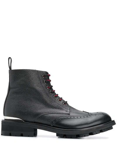 Alexander Mcqueen Pebbled Leather Brogue Boots In Black