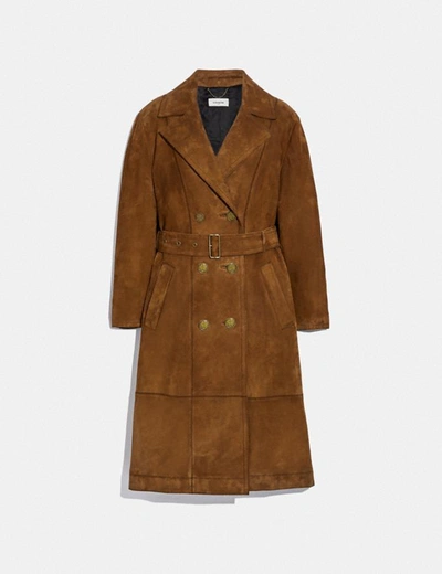 Coach Suede Trench Coat In Brown - Size 06 In Color<lsn_delimiter>cappuccino