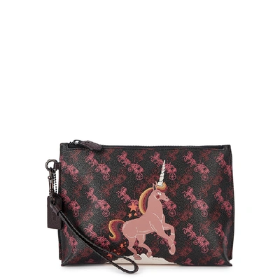 Coach Charlie Pouch With Horse And Carriage Print And Unicorn In Burgundy In Pewter/black Oxblood