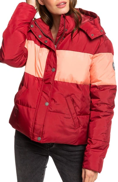 Roxy Juniors' Out Of Focus Colorblocked Hooded Puffer Jacket In Rhubarb