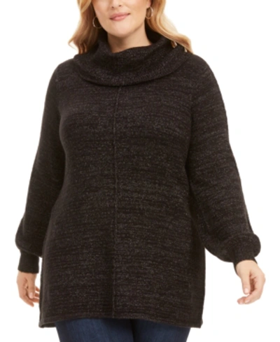 Belldini Plus Size Metallic Cowlneck Tunic Sweater In Black Comb