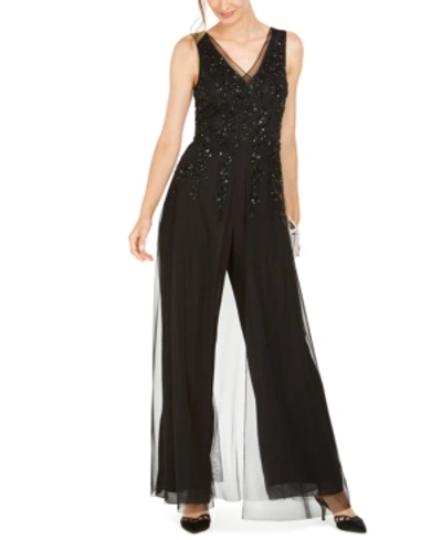 Adrianna Papell Beaded Georgette Jumpsuit With Skirt Overlay In Black