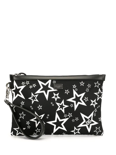 Dolce & Gabbana Mixed Star Print Nylon Clutch In Black