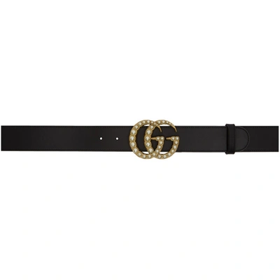 Gucci Black Leather Pearl Gg Belt In 9094 Black