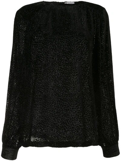 Anine Bing Debbie Animal Print Burnout Velvet Long Sleeve Silk Blend Blouse In Black