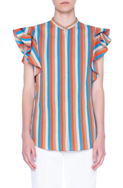 Akris Punto Gazebo Stripe Ruffle Cap-sleeve Blouse In Multi