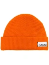 Ganni Ribbed Wool-blend Beanie In Orange