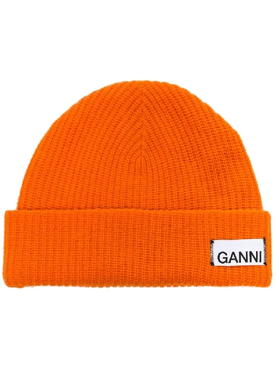 Ganni Ribbed Wool-blend Beanie In Orange