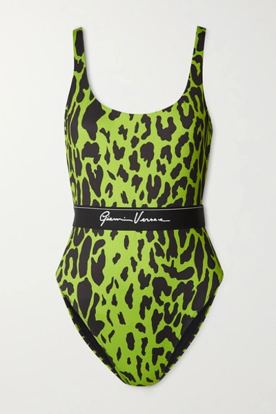 Versace Belted Neon Leopard-print Swimsuit In Bright Green