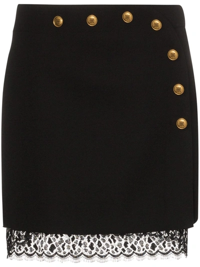 Givenchy Lace-trimmed Button-embellished Wool Mini Skirt In Black