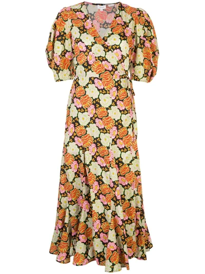 Rhode Fiona Neon Floral Puff Sleeve Wrap Dress In Multicoloured