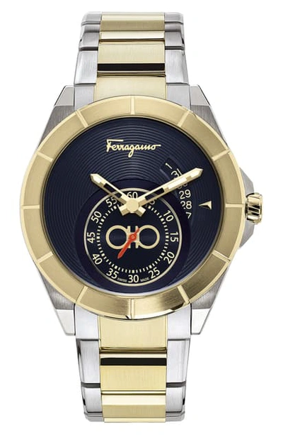 Ferragamo Men's 43mm Bracelet Watch W/ Gold Ip In Blue Guilloche/ Champagne