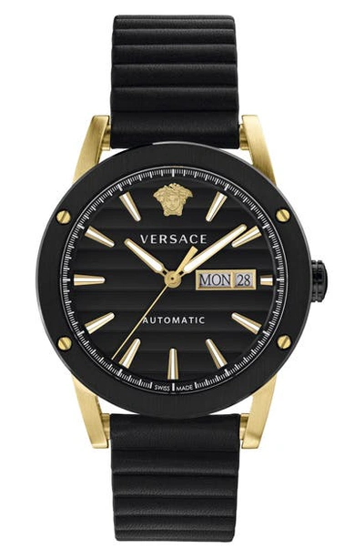 Versace Men's 42mm Automatic Textured-stripe Leather Watch In Black
