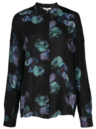 Vince Painted Floral Button-front Long-sleeve Silk Blouse In Black