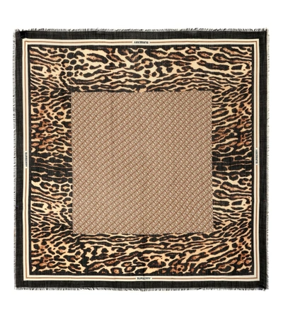 Burberry Monogram Leopard Print Wool & Silk Scarf In Archive Beige