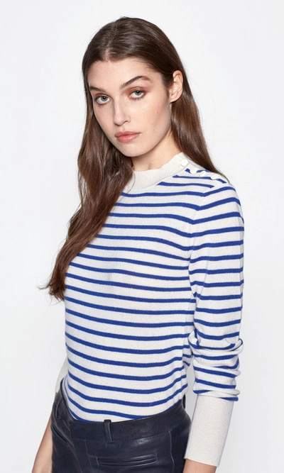 Equipment Clodee Stripe Shoulder Button Cashmere Sweater In Nature White/sodalite Blue