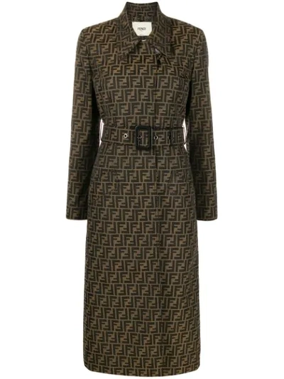 Fendi Ff-jacquard Belted Canvas Trench Coat In Braun